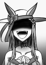 Rule 34 | 1girl, absurdres, animal ears, character request, greyscale, hat, highres, horse ears, horse girl, long hair, monochrome, nobu (sfam7588), open mouth, shaded face, tagme, umamusume, umamusume: cinderella gray