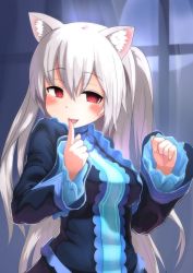Rule 34 | 1girl, @ @, animal ear fluff, animal ears, black dress, blush, breasts, cat ears, commentary request, dress, fang, finger to tongue, hair between eyes, highres, kagarimachi konatsu, long hair, long sleeves, looking at viewer, medium breasts, nora cat, nora cat channel, red eyes, silver hair, solo, tongue, tongue out, two side up, upper body, very long hair, virtual youtuber