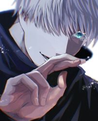 Rule 34 | 1boy, bad id, bad twitter id, black jacket, blue eyes, colored eyelashes, crossed fingers, gojou satoru, hair over one eye, hand up, high collar, jacket, jujutsu kaisen, long sleeves, looking at viewer, male focus, mothald, open mouth, short hair, simple background, smile, solo, upper body, white background, white hair