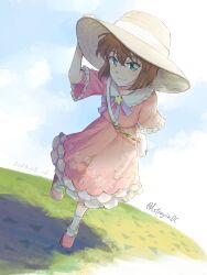 Rule 34 | 1girl, alternate costume, arm behind back, arm up, artist name, astrayin, brown shirt, closed mouth, dated, day, dress, frilled dress, frills, grass, haibara ai, hair between eyes, hat, highres, looking at viewer, meitantei conan, outdoors, pink dress, pink footwear, shirt, shoes, short hair, solo, star (symbol), star print, sun hat, white bag