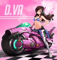 Rule 34 | 1girl, adapted costume, animal print, bare shoulders, black gloves, blue bra, blue pants, boots, bra, breasts, brown eyes, brown hair, character name, checkered floor, cleavage, closed mouth, unworn clothes, clothes writing, d.va (overwatch), eyelashes, facial mark, floating hair, gloves, glowing, goomrrat, groin, hand on own hip, headphones, long hair, looking at viewer, matching hair/eyes, medium breasts, meka (overwatch), motor vehicle, motorcycle, navel, no shirt, overwatch, overwatch 1, pants, pink background, rabbit print, riding, solo, stomach, swept bangs, thigh boots, thighhighs, underwear, whisker markings, white footwear