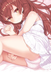 Rule 34 | 1girl, ass, bare arms, bare shoulders, bed sheet, between legs, blush, brown eyes, brown hair, capriccio, closed mouth, commentary request, dress, eris greyrat, feet out of frame, frilled dress, frills, hair between eyes, hand between legs, long hair, lying, mushoku tensei, on side, panties, sleeveless, sleeveless dress, solo, striped clothes, striped panties, underwear, very long hair, white dress