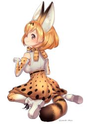 Rule 34 | 10s, 1girl, animal ears, bare shoulders, blonde hair, blush, breasts, cat ears, cat girl, cat tail, from behind, full body, highres, kemono friends, looking back, medium breasts, puchiman, serval (kemono friends), serval print, serval tail, short hair, simple background, sitting, smile, solo, tail, wariza, white background