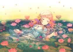 Rule 34 | 1girl, absurdres, afloat, blonde hair, braid, braided bangs, cross, closed eyes, flower, h2so4, hair flower, hair ornament, highres, jewelry, lily pad, necklace, original, scan, sketch, solo, star (symbol), water, wet, wet clothes