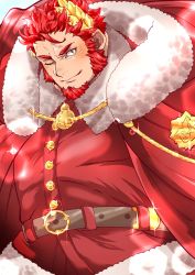 Rule 34 | 1boy, bara, blush, cape, christmas, claude (housamo), facial hair, fur-trimmed cape, fur trim, goatee, green eyes, highres, kizami nori to yamaimo, laurel crown, long sideburns, looking at viewer, male focus, mature male, muscular, muscular male, official alternate costume, one eye closed, red hair, santa costume, short hair, sideburns, smile, solo, thick eyebrows, tokyo houkago summoners, white background