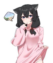 Rule 34 | 1girl, @ @, absurdres, animal ears, black hair, black nails, blue eyes, blush, cat ears, cat girl, clothes lift, dangogo, finger to mouth, hair between eyes, hair ribbon, highres, hood, hoodie, hoodie lift, lifted by self, long hair, low twintails, nail polish, original, panties, pink hoodie, pink panties, ribbon, simple background, smile, solo, striped clothes, striped panties, sweatdrop, thought bubble, twintails, underwear, upper body, white background, white panties