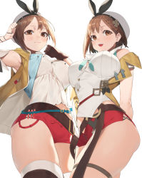 Rule 34 | 2girls, absurdres, armpits, arms behind back, arms up, atelier (series), atelier ryza, atelier ryza 2, belt, black ribbon, blue belt, blush, breast press, breasts, brown belt, brown eyes, brown hair, gloves, hair ornament, hat, highres, jam (nandade), large breasts, leather belt, multiple girls, open mouth, red shorts, reisalin stout, ribbon, shirt, short hair, short shorts, shorts, simple background, skindentation, sleeveless, sleeveless shirt, thick thighs, thighs, vest, vial, white background, white headwear, yellow vest