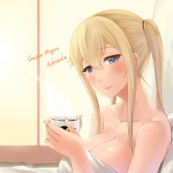 Rule 34 | 10s, 1girl, blonde hair, blue eyes, blush, breasts, cleavage, coffee, collarbone, cup, darkmaya, graf zeppelin (kancolle), hair ribbon, kantai collection, large breasts, lips, long hair, morning, pillow, ranguage, revision, ribbon, short hair, smile, solo, steam, topless, translated, two side up, window
