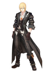 Rule 34 | 1boy, absurdres, blonde hair, blue eyes, boots, coat, eizen (tales), full body, gloves, highres, male focus, official art, short hair, simple background, solo, tales of (series), tales of berseria, white background