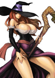 Rule 34 | 1girl, between legs, breasts, cleavage, dragon&#039;s crown, dress, elbow gloves, gloves, hat, hat over one eye, hip focus, huge breasts, joy ride, legs, lips, long hair, matching hair/eyes, no panties, orange eyes, orange hair, red hair, side slit, solo, witch, sorceress (dragon&#039;s crown), staff, strapless, strapless dress, thighs, vanillaware, wide hips, witch, witch hat
