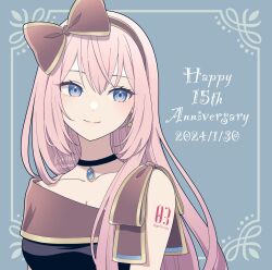 Rule 34 | 1girl, arm tattoo, black choker, black shirt, blue eyes, breasts, character name, choker, cleavage, dated, facing viewer, happy anniversary, highres, kirita asami, long hair, looking to the side, megurine luka, off-shoulder shirt, off shoulder, pink hair, shirt, solo, tattoo, vocaloid