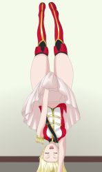 Rule 34 | 1girl, absurdres, armpits, bang dream!, belly peek, blonde hair, boots, breasts, closed eyes, event, handstand, highres, holding, holding clothes, holding skirt, idol, long hair, long skirt, looking at viewer, lycoris challenge (meme), lycoris recoil, medium breasts, meme, open mouth, parody, scene reference, skirt, skirt tug, smiley face, stomach, thick thighs, thighs, tongue, tsurumaki kokoro, upside-down, yashikoro