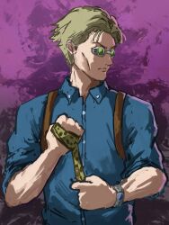 Rule 34 | 1boy, blonde hair, blue shirt, buttons, cheekbones, clenched hand, clip studio paint (medium), closed mouth, collared shirt, dress shirt, expressionless, goggles, green-tinted eyewear, hand wraps, highres, jujutsu kaisen, long sleeves, looking to the side, making-of available, male focus, nanami kento, open collar, purple background, ryoha kosako, shirt, short hair, sleeves rolled up, solo, tinted eyewear, upper body, video thumbnail, watch, wristwatch