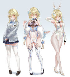 Rule 34 | 1girl, absurdres, alternate costume, arm up, armpits, bare shoulders, black footwear, blonde hair, blue nails, blue skirt, blush, breasts, chinese clothes, collared shirt, commentary request, covered navel, feather boa, fishnet thighhighs, fishnets, flower, full body, genshin impact, gradient background, hair flower, hair ornament, high heels, highleg, highleg leotard, highres, large breasts, leotard, long sleeves, looking at viewer, lumine (genshin impact), multiple views, nail polish, panties, parted lips, pleated skirt, pottsness, school uniform, see-through, shirt, shoes, sideboob, simple background, skindentation, skirt, standing, thighhighs, thighs, underwear, white footwear, white leotard, white panties, white thighhighs, yellow eyes
