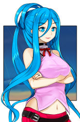 Rule 34 | 10s, 1girl, aoki hagane no arpeggio, blue eyes, blue hair, breast hold, breasts, crossed arms, highres, jewelry, large breasts, lips, lipstick, long hair, makeup, matching hair/eyes, midriff, mole, mole under mouth, navel, ponytail, ring, smile, solo, sound tamashi, takao (aoki hagane no arpeggio), very long hair