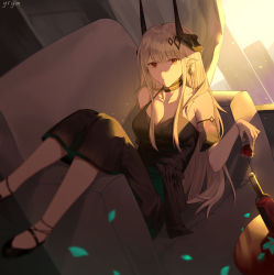 Rule 34 | 1girl, absurdres, arknights, armchair, bare shoulders, black choker, black dress, black footwear, bottle, breasts, chair, choker, cleavage, commentary request, cup, detached sleeves, dress, earrings, highres, holding, holding cup, horns, jewelry, large breasts, long hair, looking at viewer, mudrock (arknights), mudrock (obsidian) (arknights), official alternate costume, pointy ears, red eyes, shoes, short sleeves, sitting, solo, very long hair, white hair, yoruyume