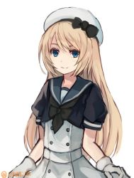 Rule 34 | 1girl, black neckerchief, black ribbon, blonde hair, blue eyes, blue sailor collar, buttons, closed mouth, commentary, dress, gloves, hair between eyes, hat, holding, jervis (kancolle), kantai collection, long hair, looking at viewer, natsuyuki, neckerchief, one-hour drawing challenge, ribbon, sailor collar, sailor dress, sailor hat, short sleeves, simple background, skirt hold, smile, solo, twitter username, white background, white dress, white gloves, white hat