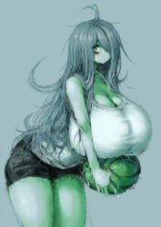 Rule 34 | 1girl, 2b-ge, ahoge, bags under eyes, bent over, blush, breasts, cleavage, female focus, food, fruit, green theme, grey background, hair over one eye, highres, holding, holding food, holding fruit, huge breasts, leaning forward, limited palette, long hair, looking at viewer, mei (2b-ge), original, solo, spot color, standing, thick thighs, thighs, watermelon