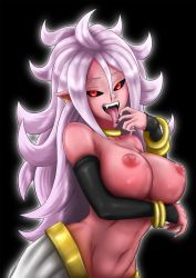 Rule 34 | 1girl, android 21, black background, black nails, black sclera, bracelet, breasts, choker, cleavage, collarbone, colored sclera, colored skin, dragon ball, dragon ball fighterz, earrings, half-closed eyes, highres, hoop earrings, jewelry, long hair, looking at viewer, majin android 21, midriff, nail polish, navel, pink skin, red eyes, simple background, solo, tail, tongue, tongue out, topless, white hair, ydraw4fun, yellow choker