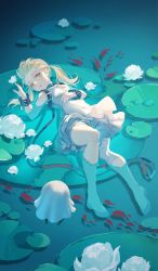 Rule 34 | 1girl, absurdres, bandaged leg, bandages, bare shoulders, belt, belt collar, blonde hair, bug, butterfly, child, collar, commentary, dress, fio (nier), fish, floating, flower, forehead, frilled dress, frills, full body, highres, insect, knee up, lily pad, looking at viewer, lotus, lying, mama (nier), nier (series), nier reincarnation, on back, open mouth, orange eyes, pond, short twintails, solo, suaynnai wanzi, thighs, torn clothes, torn dress, twintails, water, white butterfly, white dress, white footwear