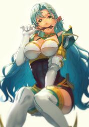 Rule 34 | 1girl, abs, absurdres, aduti momoyama, aqua hair, armor, bare shoulders, braid, breastplate, breasts, chloe (fire emblem), cleavage, commentary, covered navel, elbow gloves, fire emblem, fire emblem engage, food, garter straps, gloves, green eyes, highres, large breasts, long hair, looking at viewer, nintendo, pegasus knight uniform (fire emblem), side braid, simple background, single braid, solo, very long hair, white gloves