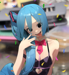 Rule 34 | 1girl, absurdres, black eyes, black leotard, blue hair, blue nails, blurry, blurry background, bow, breasts, clothing cutout, derivative work, empty eyes, hair over one eye, hatsune miku, heart cutout, highres, korean commentary, korogoro (mago0057), leotard, long hair, looking at viewer, medium breasts, meme, mesmerizer (vocaloid), nail polish, open mouth, photo-referenced, photo background, rabbit hole (vocaloid), saliva, sharp teeth, side ponytail, sidetail miku noodle stopper (meme), solo, teeth, tongue, tongue out, upper body, very long hair, vocaloid