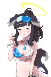Rule 34 | 1girl, animal ears, black hair, blue archive, blue eyes, blush, breasts, character name, clothes writing, dog ears, dog girl, dog tail, erogomatinpo, goggles, goggles on head, twirling hair, halo, hibiki (blue archive), hibiki (cheer squad) (blue archive), highres, long hair, medium breasts, parted lips, ponytail, simple background, solo, tail, white background, yellow nails