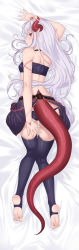 Rule 34 | 1girl, arm up, bandeau, bare arms, bare shoulders, bed sheet, black choker, black panties, black skirt, black thighhighs, breasts, choker, commentary request, dragon girl, dragon horns, dragon tail, facial mark, from behind, full body, highres, horns, ibuki notsu, jewelry, long hair, looking at viewer, looking back, lying, melusine (ibuki notsu), midriff, miniskirt, no shoes, on stomach, original, panties, parted lips, pointy ears, profile, red eyes, sidelocks, silver hair, skirt, small breasts, solo, stirrup legwear, strapless, tail, thighhighs, thighs, toe ring, toeless legwear, tube top, underwear, very long hair