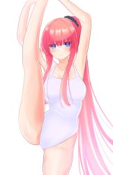 Rule 34 | 1girl, :&lt;, absurdres, armpits, arms up, black scrunchie, blue eyes, blunt bangs, blush, breasts, embarrassed, go-toubun no hanayome, highres, kurosaki coco, leg hold, leg up, long hair, nakano nino, one-piece swimsuit, pink hair, ponytail, scrunchie, swimsuit, thick thighs, thighs, v-shaped eyebrows, white one-piece swimsuit
