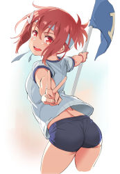 Rule 34 | 1girl, :d, absurdres, arched back, ass, blue buruma, buruma, cowboy shot, eyes visible through hair, flag, from behind, gym uniform, hair between eyes, headband, highres, looking at viewer, looking back, michairu, open mouth, outstretched arms, red eyes, red hair, shirt, short sleeves, simple background, smile, solo, standing, v, white shirt, yuuki yuuna, yuuki yuuna wa yuusha de aru, yuusha de aru