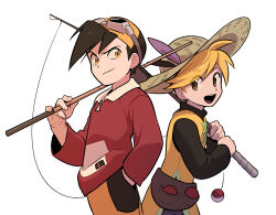 Rule 34 | 1boy, 1girl, :d, backwards hat, baseball cap, black shirt, blonde hair, brown eyes, closed mouth, commentary request, creatures (company), ethan (pokemon), fishing rod, game freak, goggles, goggles on headwear, hand in pocket, hand up, hat, highres, holding, holding fishing rod, jacket, long sleeves, nintendo, open mouth, pokemon, pokemon adventures, redlhzz, shirt, short hair, shorts, simple background, smile, straw hat, teeth, tongue, tunic, upper teeth only, white background, yellow (pokemon), yellow eyes