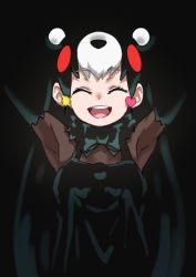 Rule 34 | 1girl, :d, \o/, ^ ^, animal ears, armpits, arms up, bear ears, bear girl, black background, black hair, chibi kumamon (kemono friends), closed eyes, commentary, extra ears, closed eyes, facing viewer, hair ornament, happy, heart, heart hair ornament, highres, kemono friends, kemono friends 3, long hair, multicolored hair, open mouth, outstretched arms, simple background, smile, solo, star (symbol), star hair ornament, tanabe (fueisei), teeth, upper body, upper teeth only, very long hair, white hair