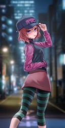 Rule 34 | 1girl, absurdres, ass, baseball cap, black hat, blurry, blurry background, casual, feet out of frame, hand in pocket, hand on headwear, hat, highres, long sleeves, looking at viewer, looking back, love live!, love live! school idol project, nishikino maki, pants, purple hair, red hair, red skirt, short hair, skirt, solo, standing, striped legwear, sweater, tight clothes, tight pants, tongue, tongue out, turtleneck, turtleneck sweater, two-tone sweater, yj