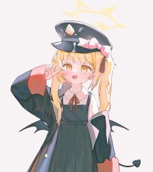 Rule 34 | 1girl, black coat, black dress, black hat, black tail, black wings, blonde hair, blue archive, coat, collared shirt, demon tail, demon wings, dress, halo, hat, highres, ibuki (blue archive), jambujok, long hair, long sleeves, open clothes, open coat, peaked cap, shirt, side ponytail, simple background, solo, tail, white background, white shirt, wings, yellow eyes, yellow halo