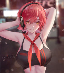 Rule 34 | 1girl, :p, arknights, armpits, arms behind head, arms up, artist name, aztodio, backlighting, between breasts, blurry, blurry background, blush, breasts, cable, closed mouth, depth of field, exusiai (arknights), hair between eyes, headphones, highres, indoors, large breasts, looking at viewer, orange eyes, patreon username, red hair, short sleeves, smile, solo, tongue, tongue out, upper body