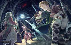 Rule 34 | 1boy, 2girls, blonde hair, clenched teeth, dagger, dress, food, forest, green hair, knife, long hair, minami seira, monster, multiple girls, nature, open mouth, pixiv fantasia, pixiv fantasia new world, red eyes, short hair, smile, staff, sword, teeth, weapon