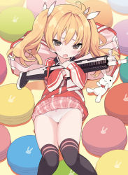 Rule 34 | 1girl, ahoge, animal print, assault rifle, black thighhighs, blade (galaxist), blonde hair, blue archive, blush, brown eyes, clothes lift, fang, fn scar, fn scar 17, gun, hair ribbon, holding, holding gun, holding weapon, jacket, long hair, long sleeves, lying, on back, open mouth, panties, pink skirt, print panties, rabbit panties, rabbit print, red jacket, ribbon, rifle, skirt, skirt lift, solo, stuffed animal, stuffed rabbit, stuffed toy, thighhighs, track jacket, underwear, weapon, white panties, yoshimi (blue archive)