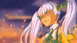 Rule 34 | 1girl, blue eyes, breasts, closed mouth, cloud, facial mark, frown, hair tubes, high collar, hyde@jekyll, long hair, silver hair, solo, tolone (xenogears), twintails, xenogears