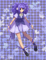 Rule 34 | 1girl, argyle, argyle background, argyle clothes, black footwear, blue bow, blue eyes, blue hair, blue ribbon, bow, full body, highres, long hair, matching hair/eyes, nijigami rin, original, ribbon, shoes, skirt, smile, socks, solo, striped, striped bow, two side up, vest, white skirt, yellow bow