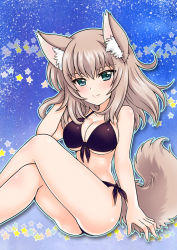 Rule 34 | 1girl, animal ears, arm behind head, bare arms, bare legs, bare shoulders, bikini, black bikini, blue eyes, breasts, cleavage, closed mouth, commentary request, crossed legs, eyebrows hidden by hair, fingers on ground, fluffy, front-tie bikini top, front-tie top, girls und panzer, grey hair, itsumi erika, kuromori yako, large breasts, long hair, looking at viewer, on ground, outline, side-tie bikini bottom, side-tie bottom, smile, star (symbol), starry background, stomach, swimsuit, tail, wolf ears, wolf tail