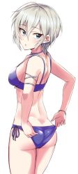 Rule 34 | 1girl, anastasia (idolmaster), ass, back, bikini, bikini pull, blue eyes, blush, bracelet, breasts, clothes pull, commentary, cowboy shot, from behind, grey hair, hair between eyes, idolmaster, idolmaster cinderella girls, idolmaster cinderella girls starlight stage, jewelry, keikesu, looking at viewer, looking back, medium breasts, parted lips, purple bikini, short hair, side-tie bikini bottom, simple background, solo, standing, swimsuit, white background
