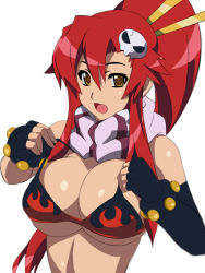 Rule 34 | 00s, 1girl, bikini, bikini top only, breasts, cleavage, elbow gloves, fingerless gloves, gloves, hair ornament, huge breasts, long hair, metadora, open mouth, ponytail, red hair, scarf, solo, striped clothes, striped scarf, swimsuit, tengen toppa gurren lagann, yellow eyes, yoko littner