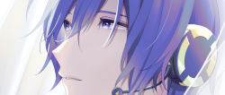 Rule 34 | 1boy, blue eyes, blue hair, close-up, commentary, headphones, headset, kaito (vocaloid), looking away, male focus, nokuhashi, parted lips, portrait, vocaloid