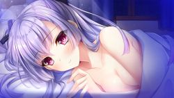 Rule 34 | 1girl, bed sheet, black ribbon, blush, breasts, cleavage, closed mouth, game cg, hair between eyes, hair ribbon, long hair, looking at viewer, lugh belflare, lying, nude, on side, red eyes, ribbon, senkou no clarias, small breasts, smile, solo, suzuhira hiro, under covers, white hair