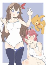 Rule 34 | 2girls, absurdres, alternate costume, ankimo (tokino sora), bad id, bad twitter id, bare shoulders, blue background, blue eyes, blush, breasts, brown hair, collarbone, donguri suzume, gluteal fold, green eyes, groin, hair flaps, hair ornament, hairclip, highres, hololive, knees, leg ribbon, multiple girls, one-piece swimsuit, open mouth, pink hair, ribbon, sakura miko, side ponytail, star (symbol), stuffed animal, stuffed toy, swimsuit, teddy bear, thigh ribbon, thighhighs, thighs, thinking, tokino sora, virtual youtuber, yuri