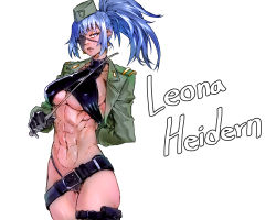 Rule 34 | 1girl, abs, belt, beret, black gloves, blue eyes, blue hair, breasts, character name, earrings, eyepatch, gloves, hat, jewelry, large breasts, leona heidern, metal slug, minew, muscular, muscular female, ponytail, riding crop, simple background, snk heroines: tag team frenzy, solo, the king of fighters, thong, triangle earrings, underboob, white background