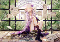Rule 34 | 1girl, ahoge, arm support, ass, bad id, bad pixiv id, bai qi-qsr, black footwear, black socks, blunt bangs, book, book stack, bug, butterfly, butterfly hair ornament, buttons, collared shirt, day, gradient hair, greenhouse, hair ornament, tucking hair, hand up, head tilt, heterochromia, indoors, insect, kneehighs, knees up, lace-trimmed sleeves, lace trim, lamp, leaf, loafers, long hair, long sleeves, map, miniskirt, multicolored hair, nail polish, original, panties, paper, parted lips, plant, pleated skirt, purple hair, purple nails, purple skirt, shirt, shoes, sidelocks, skirt, socks, solo, tree, underwear, very long hair, white hair, white panties, white shirt, window