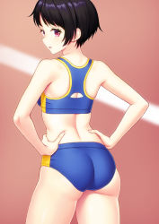 Rule 34 | 1girl, ass, back, bikini, black hair, blue bikini, blurry, breasts, contrapposto, cowboy shot, depth of field, from behind, hands on own hips, highres, kuri (kurigohan), looking at viewer, looking back, original, parted lips, purple eyes, running track, short hair, smile, solo, sports bikini, sports bra, standing, swimsuit, track and field, track uniform