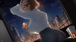 Rule 34 | 1girl, absurdres, aogiri koukou, ass, black skirt, blue eyes, breasts, brown hair, cityscape, collared shirt, cup, hand on own head, hand up, highres, holding, holding cup, kkix25, kurikoma komaru, large breasts, night, night sky, office lady, shirt, short hair, signature, skirt, sky, solo, white shirt