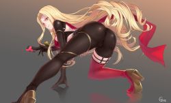 Rule 34 | 1girl, absurdres, ass, back, blonde hair, blush, breasts, cameltoe, card, commentary request, facial mark, high heels, highres, jikeshi, long hair, luis cammy, medium breasts, nijisanji, red eyes, red thighhighs, single thighhigh, smile, solo, thighhighs, very long hair, virtual youtuber